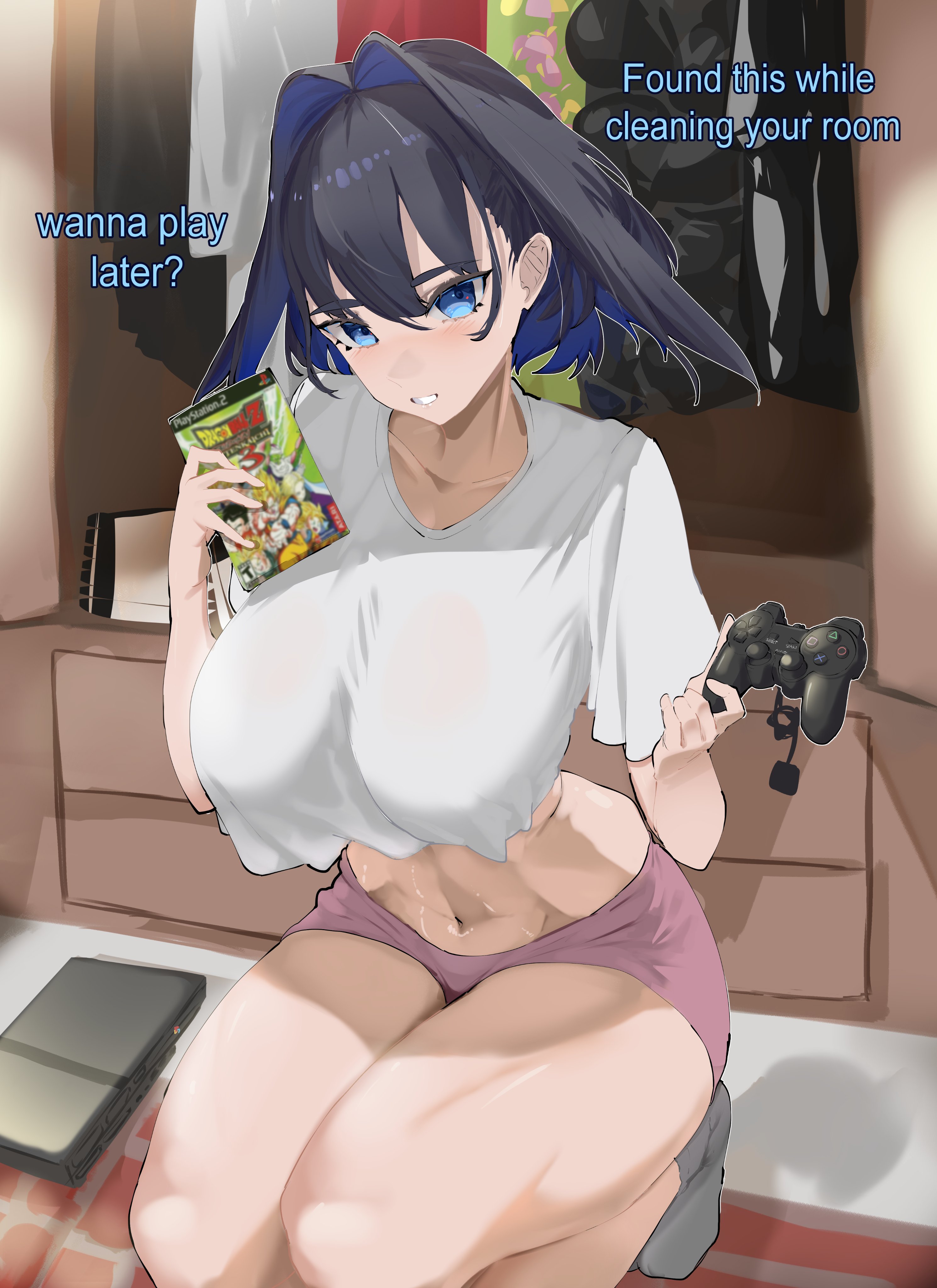 daaku (koizumi arata), ouro kronii, dragon ball, hololive, hololive english, absurdres, highres, 1girl, black hair, blue eyes, blue hair, breasts, colored inner hair, controller, crop top, english text, game controller, grey socks, holding, holding controller, holding game controller, indoors, large breasts, medium hair, multicolored hair, navel, pink shorts, playstation controller, shirt, short shorts, shorts, socks, solo, video game, virtual youtuber, white shirt
