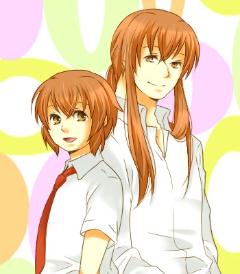 asahina mikuru, asahina mitsuru, asahina mitsuru (adult), suzumiya haruhi no yuuutsu, lowres, 00s, 2boys, aged up, brown hair, dual persona, genderswap, genderswap (ftm), long hair, male focus, multiple boys, necktie, red hair, shirt