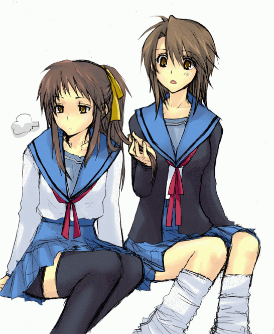 koizumi itsuki, koizumi itsuki (female), kyon, kyonko, suzumiya haruhi no yuuutsu, suzumiya haruhiko no yuuutsu, 00s, 2girls, bike shorts, genderswap, genderswap (mtf), kneehighs, multiple girls, ponytail, school uniform, serafuku, socks, thighhighs, zettai ryouiki