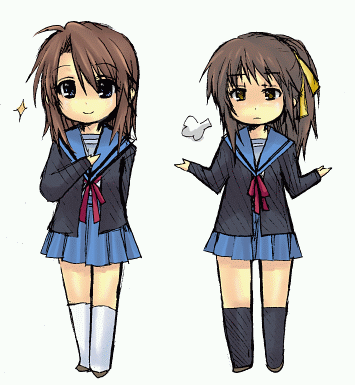 koizumi itsuki, koizumi itsuki (female), kyon, kyonko, suzumiya haruhi no yuuutsu, lowres, 00s, 2girls, chibi, genderswap, genderswap (mtf), kneehighs, multiple girls, ponytail, school uniform, serafuku, socks