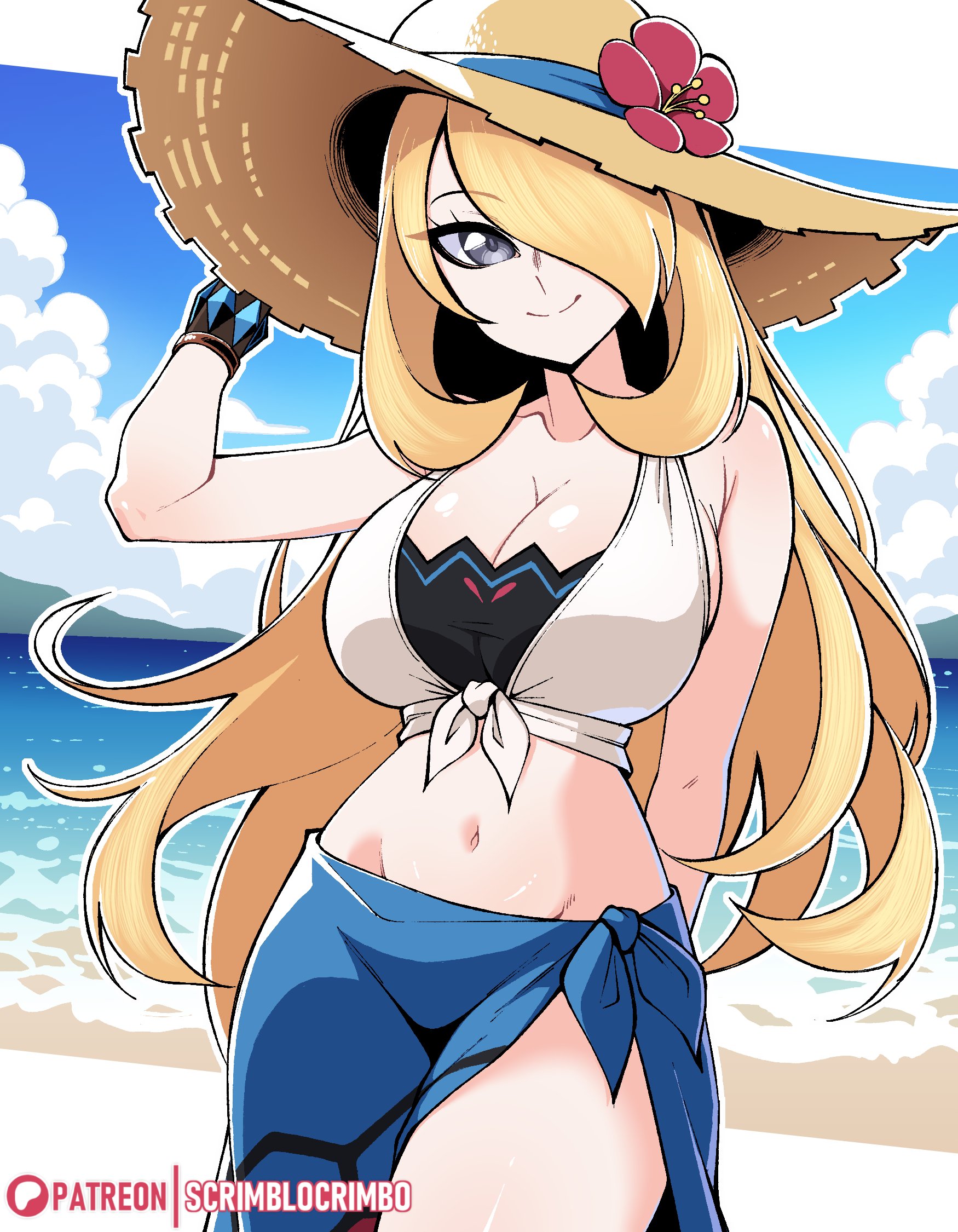 scrimblocrimbo, cynthia (pokemon), cynthia (summer 2025) (pokemon), nintendo, pokemon, pokemon masters ex, highres, 1girl, beach, bikini, blonde hair, blue sarong, blue sky, breasts, brown hat, cleavage, closed mouth, cloud, crop top, day, flower, flower hat, grey eyes, hair over one eye, hat, hat flower, large breasts, long hair, looking at viewer, midriff, navel, ocean, official alternate costume, outdoors, sarong, shirt, sky, smile, solo, straw hat, sun hat, swimsuit, tied shirt, very long hair, water