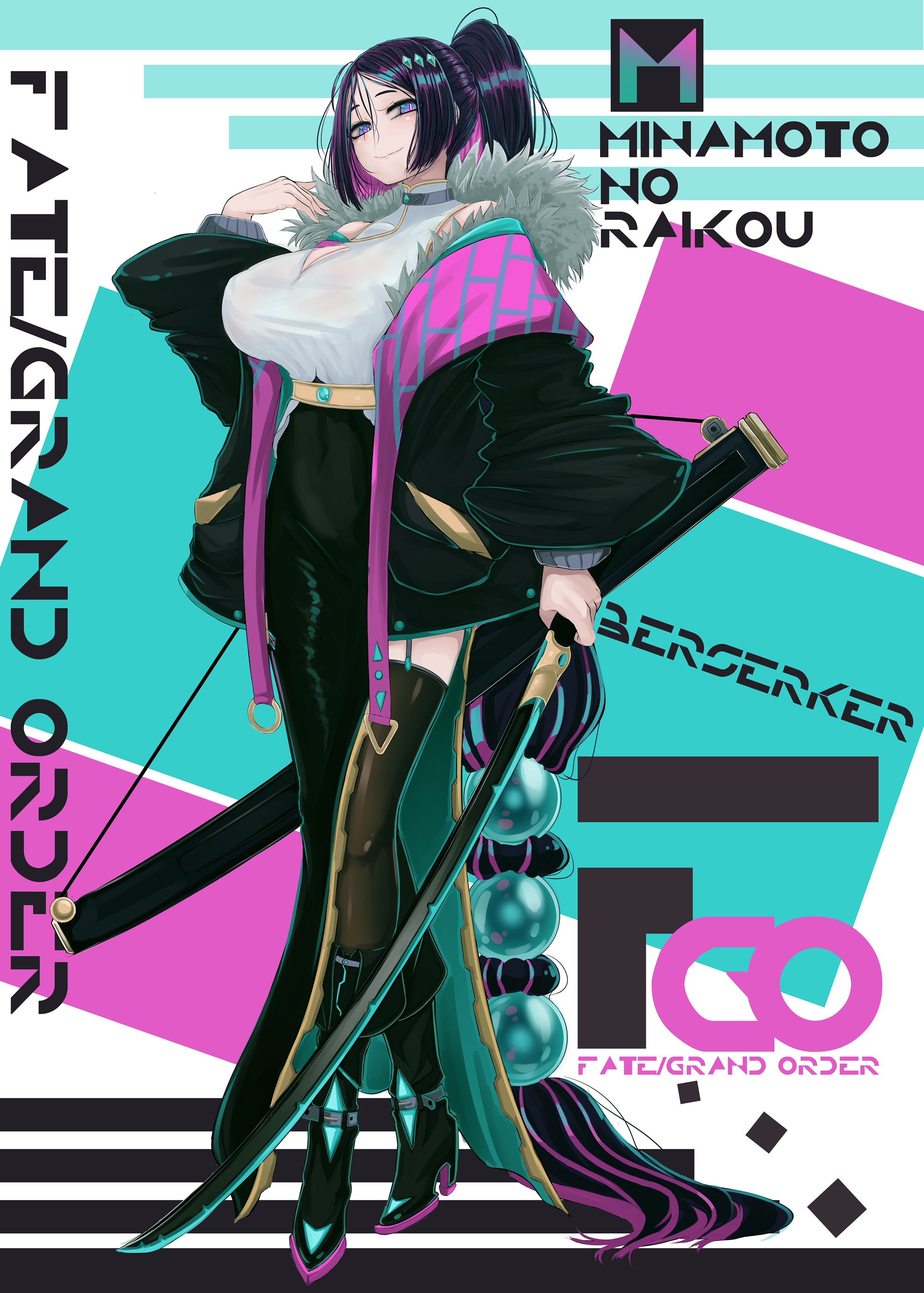 b.d, minamoto no raikou (fate), fate/grand order, fate (series), absurdres, highres, 1girl, bare shoulders, belt, black boots, black jacket, black skirt, black thighhighs, boots, breasts, cleavage, cleavage cutout, clothing cutout, full body, fur-trimmed jacket, fur trim, high heel boots, high heels, jacket, katana, knee boots, large breasts, long hair, long skirt, long sleeves, looking at viewer, off shoulder, parted bangs, ponytail, purple eyes, purple hair, sheath, shirt, skirt, sleeveless, sleeveless shirt, solo, sword, thighhighs, very long hair, weapon, white shirt