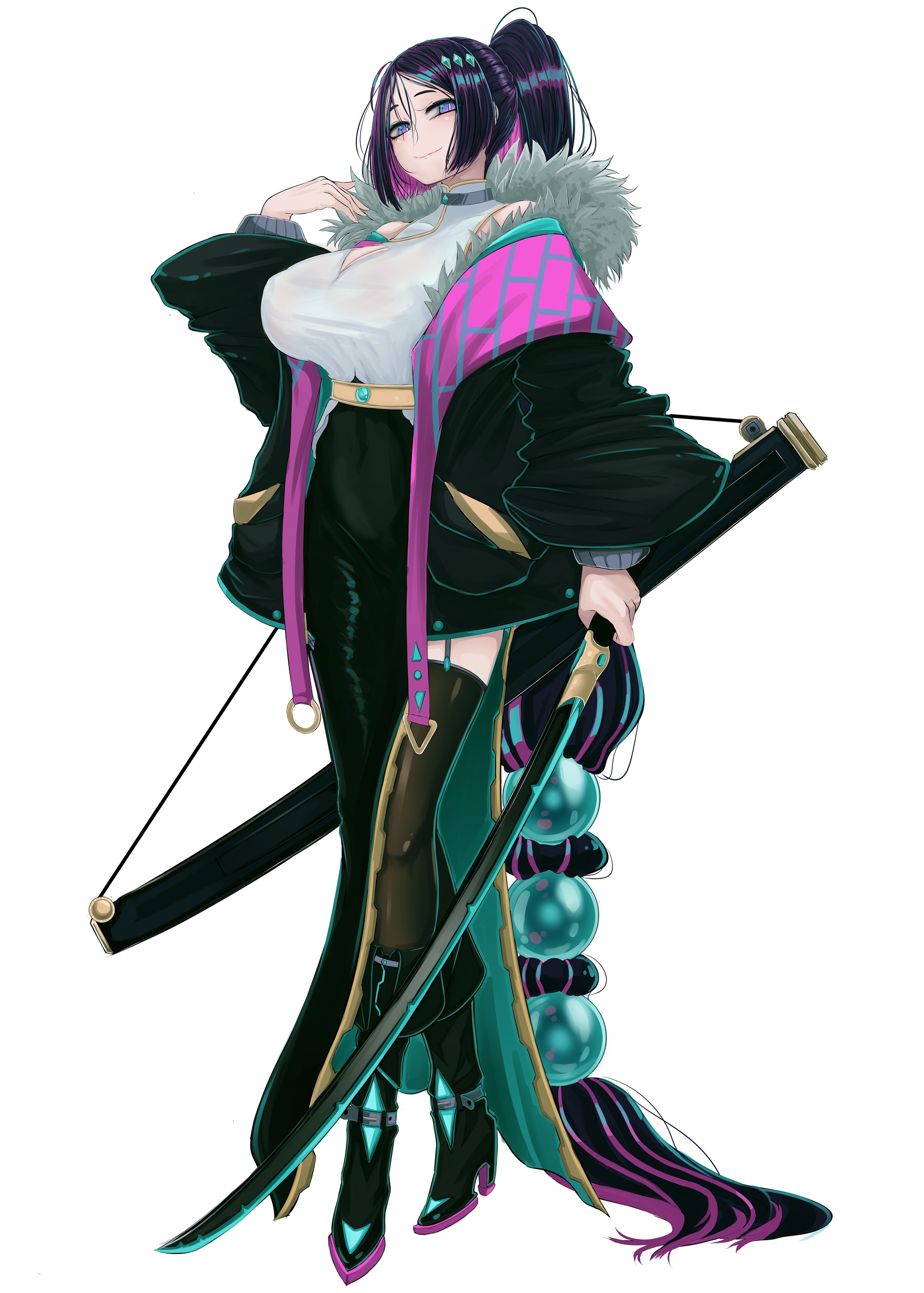 b.d, minamoto no raikou (fate), fate/grand order, fate (series), absurdres, highres, 1girl, bare shoulders, belt, black boots, black jacket, black skirt, black thighhighs, boots, breasts, cleavage, cleavage cutout, clothing cutout, full body, fur-trimmed jacket, fur trim, high heel boots, high heels, jacket, katana, knee boots, large breasts, long hair, long skirt, long sleeves, looking at viewer, off shoulder, parted bangs, ponytail, purple eyes, purple hair, sheath, shirt, skirt, sleeveless, sleeveless shirt, solo, sword, thighhighs, very long hair, weapon, white background, white shirt