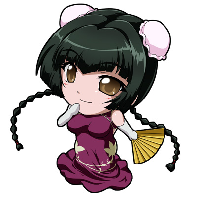 tanan, wang liu mei, gundam, gundam 00, lowres, 00s, bun cover, chibi, china dress, chinese clothes, dress, folding fan, hand fan, holding, holding fan, simple background, solo, white background