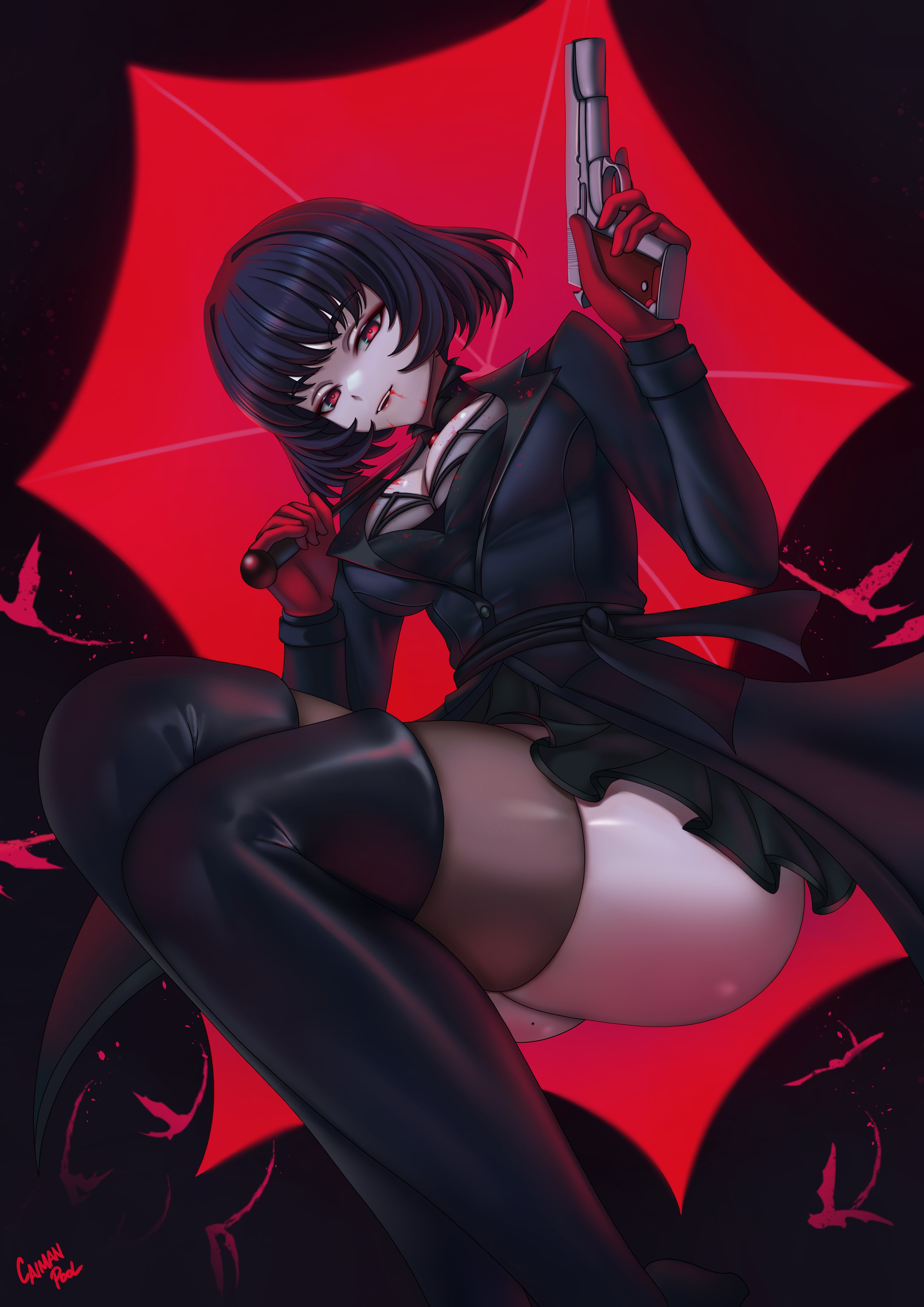 caiman pool, mina (deadlock), deadlock (game), absurdres, commentary, highres, 1girl, black boots, black hair, black jacket, black skirt, black thighhighs, blood, blood from mouth, boots, breasts, cleavage, feet out of frame, gloves, gun, holding, holding gun, holding umbrella, holding weapon, jacket, large breasts, long sleeves, looking at viewer, mole, mole on thigh, parted lips, red eyes, red gloves, short hair, skirt, solo, teeth, thigh boots, thighhighs, thighhighs under boots, thighs, umbrella, weapon