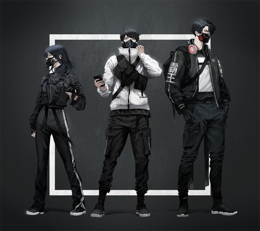 blackbox (blackbox9158), han sooyoung, kim dokja, yoo joonghyuk, omniscient reader's viewpoint, translation request, 1girl, 2boys, adjusting belt, black background, black eyes, black gloves, black hair, black jacket, bob cut, border, contrapposto, fingerless gloves, full body, gloves, hands in pockets, headphones, headphones around neck, holding, holding phone, jacket, looking at viewer, mask, medium hair, mouth mask, multiple boys, pants, phone, shoes, sneakers, standing, track pants, white border, white jacket