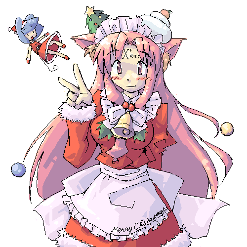 arnest, original, lowres, animal ears, blue hair, blush, cat ears, christmas, mini person, minigirl, mouse ears, oekaki, pink hair, santa costume
