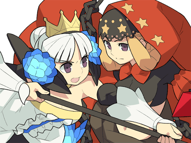 itsumo nokoru, gwendolyn (odin sphere), velvet (odin sphere), odin sphere, vanillaware, archived source, bad link, 2girls, anime coloring, aqua flower, bare shoulders, black shirt, black sleeves, black veil, blonde hair, blue flower, blunt bangs, braid, braided sidelock, breasts, center frills, chain, cleavage, closed mouth, cropped shirt, detached hood, detached sleeves, dress, fighting, fingernails, flower, frills, gold tiara, hair bun, holding, holding polearm, holding weapon, hood, hood up, lace-trimmed veil, lace trim, liripipe, medium breasts, midriff, multiple girls, nose, open mouth, polearm, print hood, psypher (odin sphere), puff and slash sleeves, puffy sleeves, red hood, red sleeves, shirt, sidelocks, simple background, split mouth, star (symbol), star print, strapless, strapless dress, upper body, v-shaped eyebrows, valkyrie, veil, weapon, white background, white dress, white hair, white sleeves