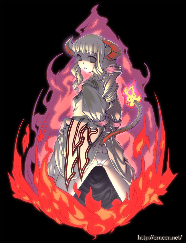 cruccu, blonde hair, butt crack, demon girl, fire, from behind, grey eyes, horns, looking back, lowleg, lowleg panties, panties, solo, tail, underwear, white panties