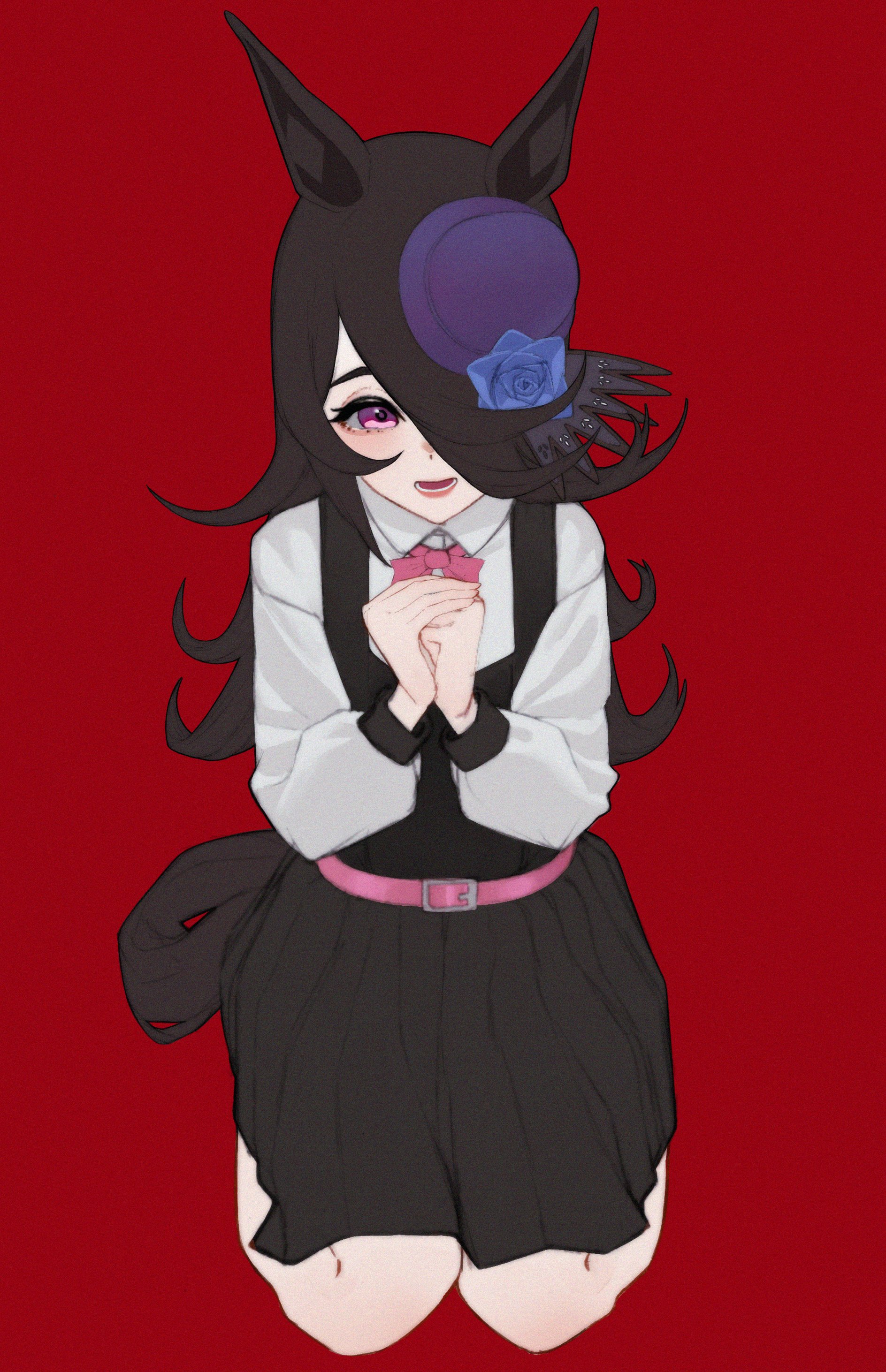 anemoneeanemone, rice shower (umamusume), umamusume, absurdres, highres, 1girl, animal ears, bare legs, belt, black dress, black hair, blue flower, blue rose, bow, bowtie, dress, flower, full body, hair over one eye, hat, hat flower, horse ears, horse girl, horse tail, long hair, long sleeves, looking at viewer, mini hat, own hands together, pinafore dress, pink belt, pink bow, pink bowtie, pink eyes, pleated dress, purple hat, red background, rose, shirt, simple background, sleeveless, sleeveless dress, solo, tail, tilted headwear, white shirt
