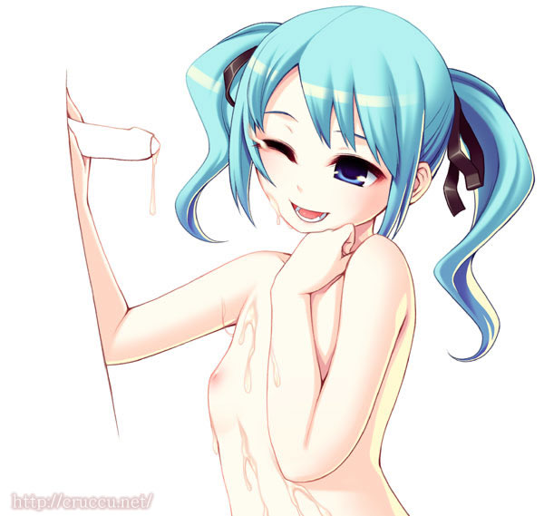 cruccu, duplicate, 1girl, ;d, aftersex, blue eyes, blue hair, cum, cum on body, cumdrip, facial, fellatio, flat chest, foreskin, hair ribbon, handjob, laughing, loli, nipples, nude, one eye closed, open mouth, oral, parted bangs, penis, phimosis, profile, ribbon, simple background, small penis, smile, solo focus, twintails, upper body, white background, wince, wink