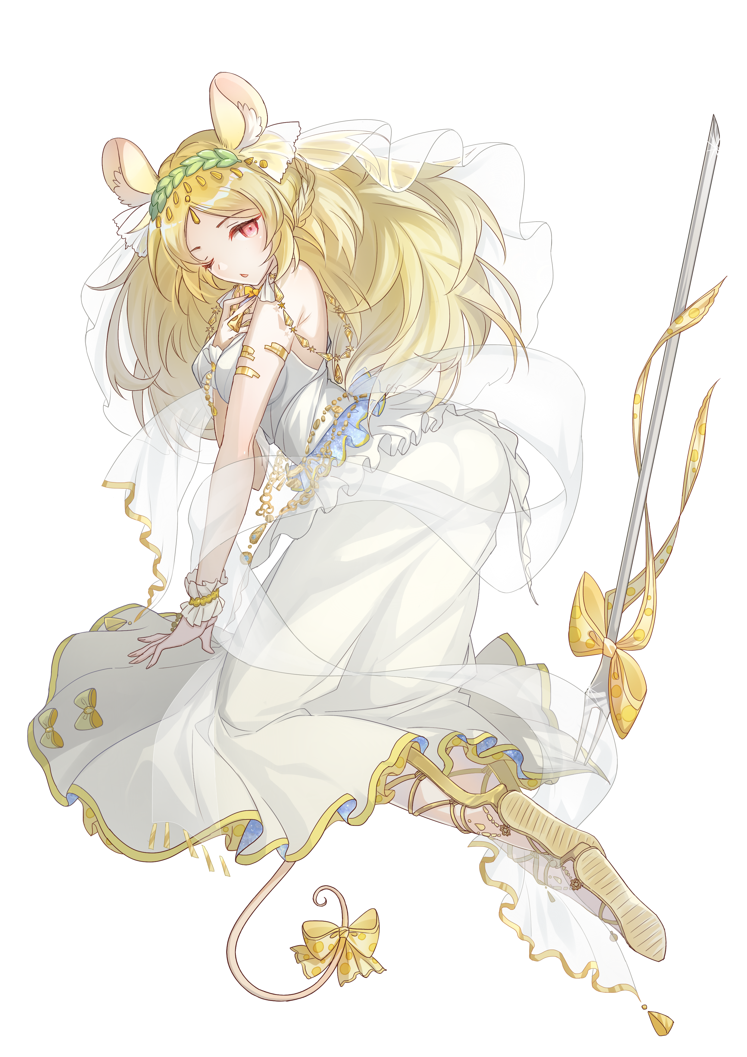 food fantasy, absurdres, highres, official art, third-party source, 1girl, animal ear fluff, animal ears, blonde hair, bow, breasts, cheese (food fantasy), dress, long hair, mouse ears, mouse girl, mouse tail, one eye closed, pink eyes, simple background, solo, tail, tail bow, tail ornament, transparent background, white dress, yellow bow