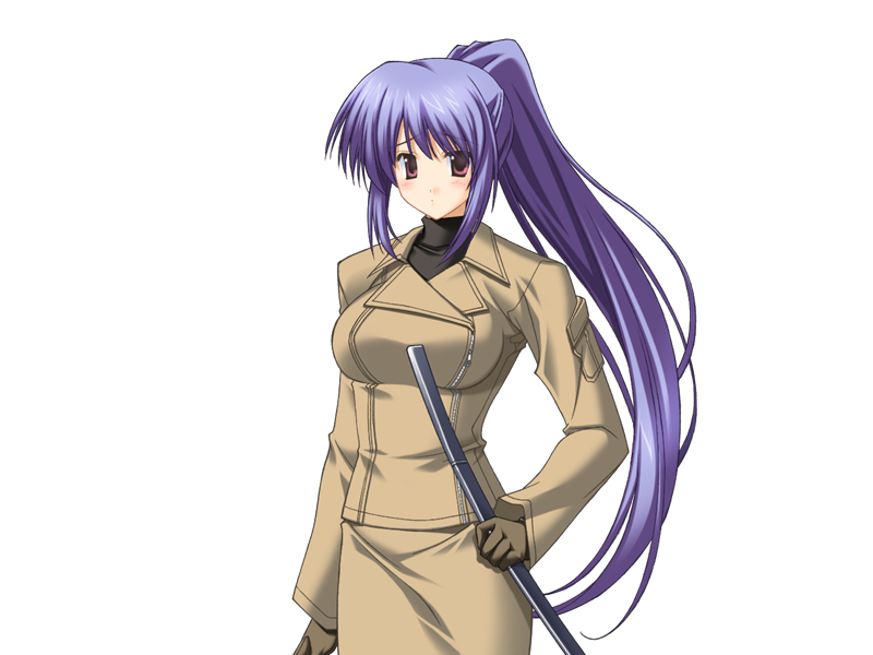 goma satoshi, hayashida ritsuko, oshiete miko sensei, game cg, 1girl, blue hair, blush, breasts, formal clothes, gloves, jacket, katana, large breasts, long hair, long sleeves, looking at viewer, military, military uniform, oshiete miko sensei (series), pencil skirt, ponytail, purple eyes, simple background, skirt, solo, standing, sword, very long hair, weapon