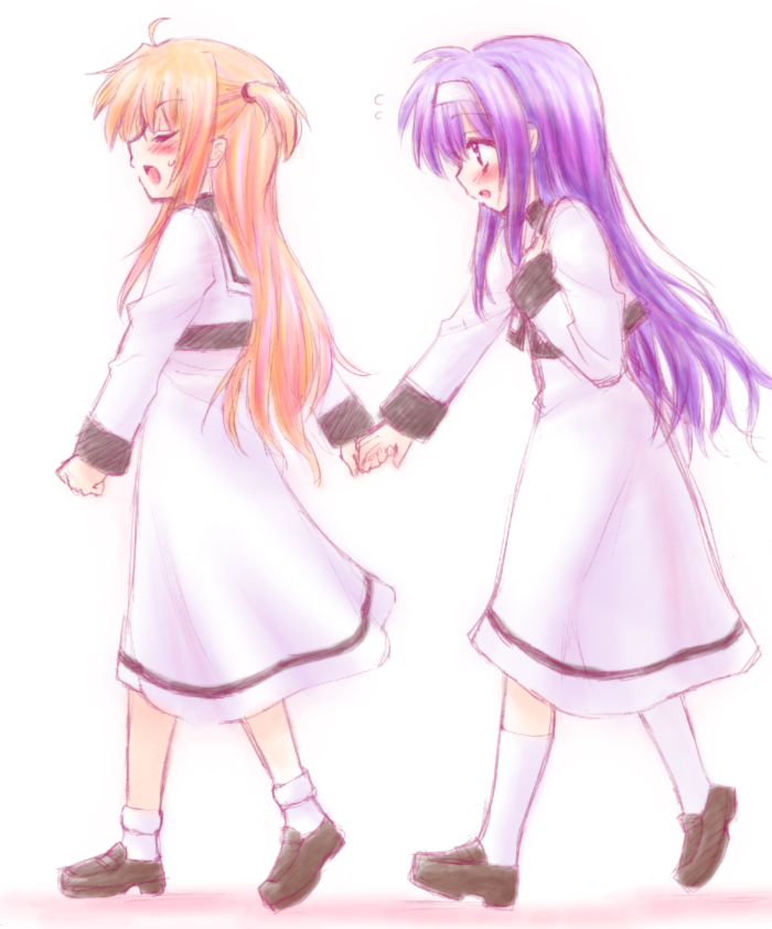 saki chisuzu, arisa bunnings, tsukimura suzuka, lyrical nanoha, mahou shoujo lyrical nanoha, 00s, blush, holding hands, school uniform, serafuku
