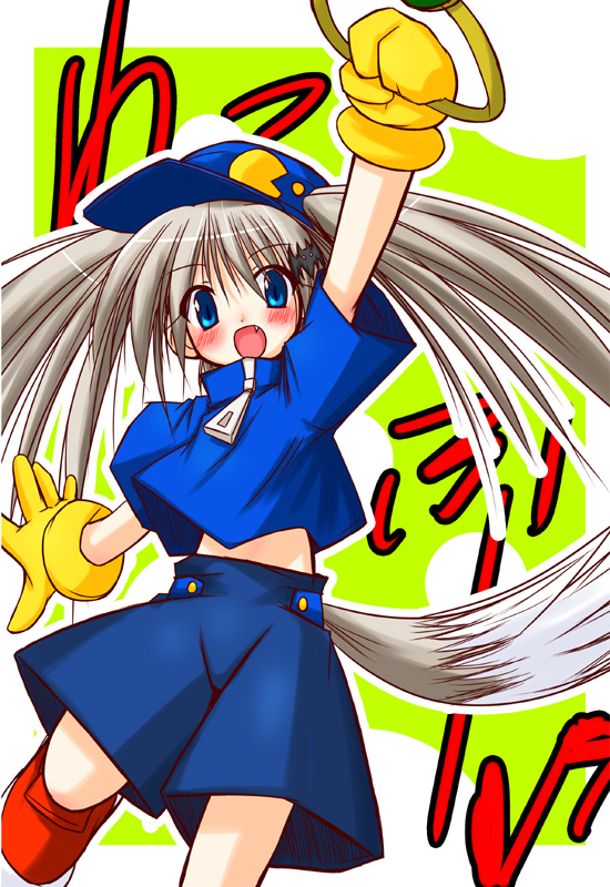 umesato yukino, klonoa, noumi kudryavka, pac-man, kaze no klonoa, little busters!, namco, pac-man (game), silver hair, 1girl, blue eyes, cosplay, fang, female focus, gloves, hat, klonoa (cosplay), long hair, open mouth, shorts, solo, tail, twintails