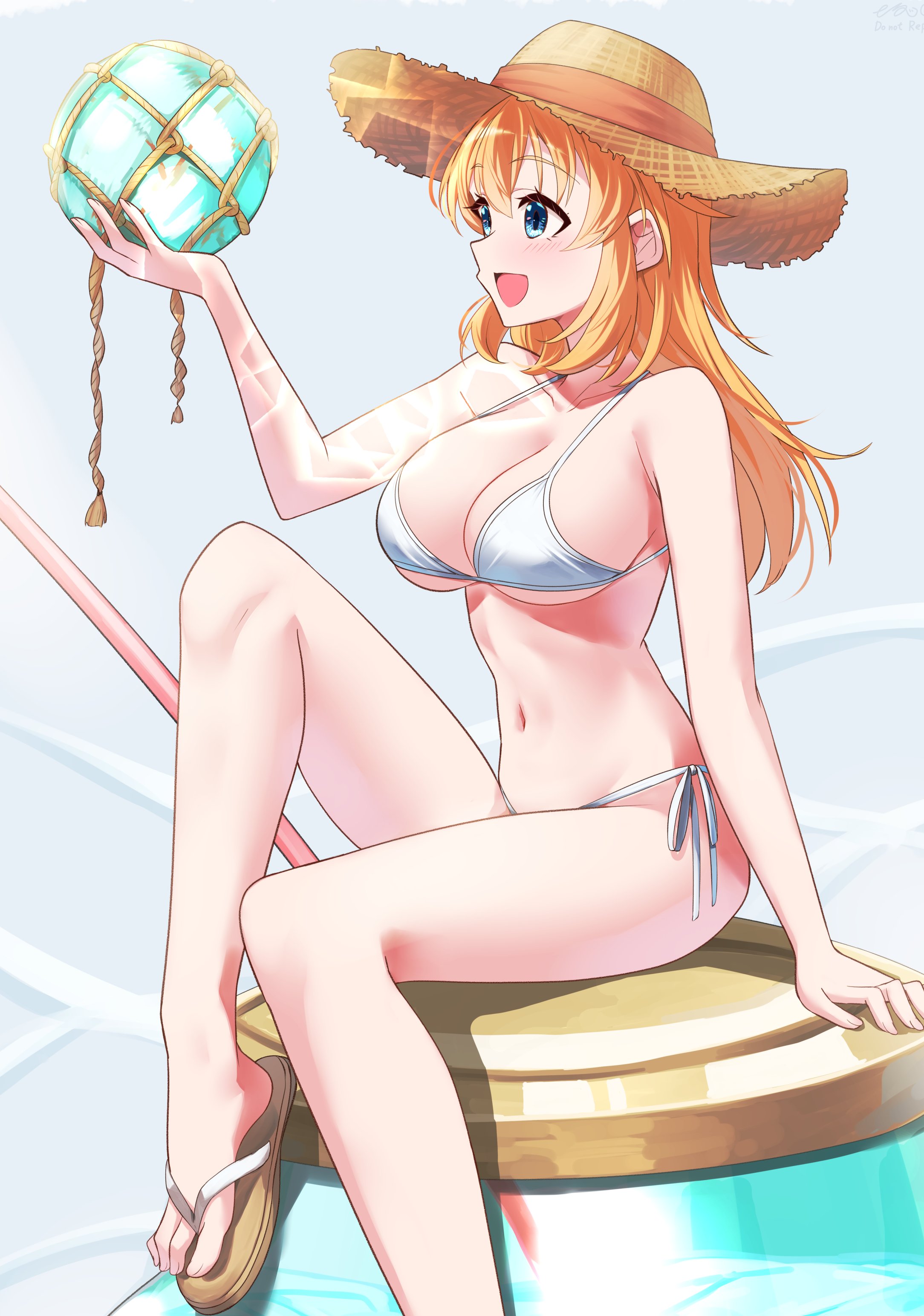 hiroshi (hunter-of-kct), charlotte e. yeager, strike witches, world witches series, absurdres, commentary request, highres, 1girl, bikini, blue eyes, braid, breasts, drinking straw, hat, holding, jar, large breasts, long hair, looking to the side, navel, open mouth, orange hair, sandals, single braid, sitting, swimsuit, white background, white bikini
