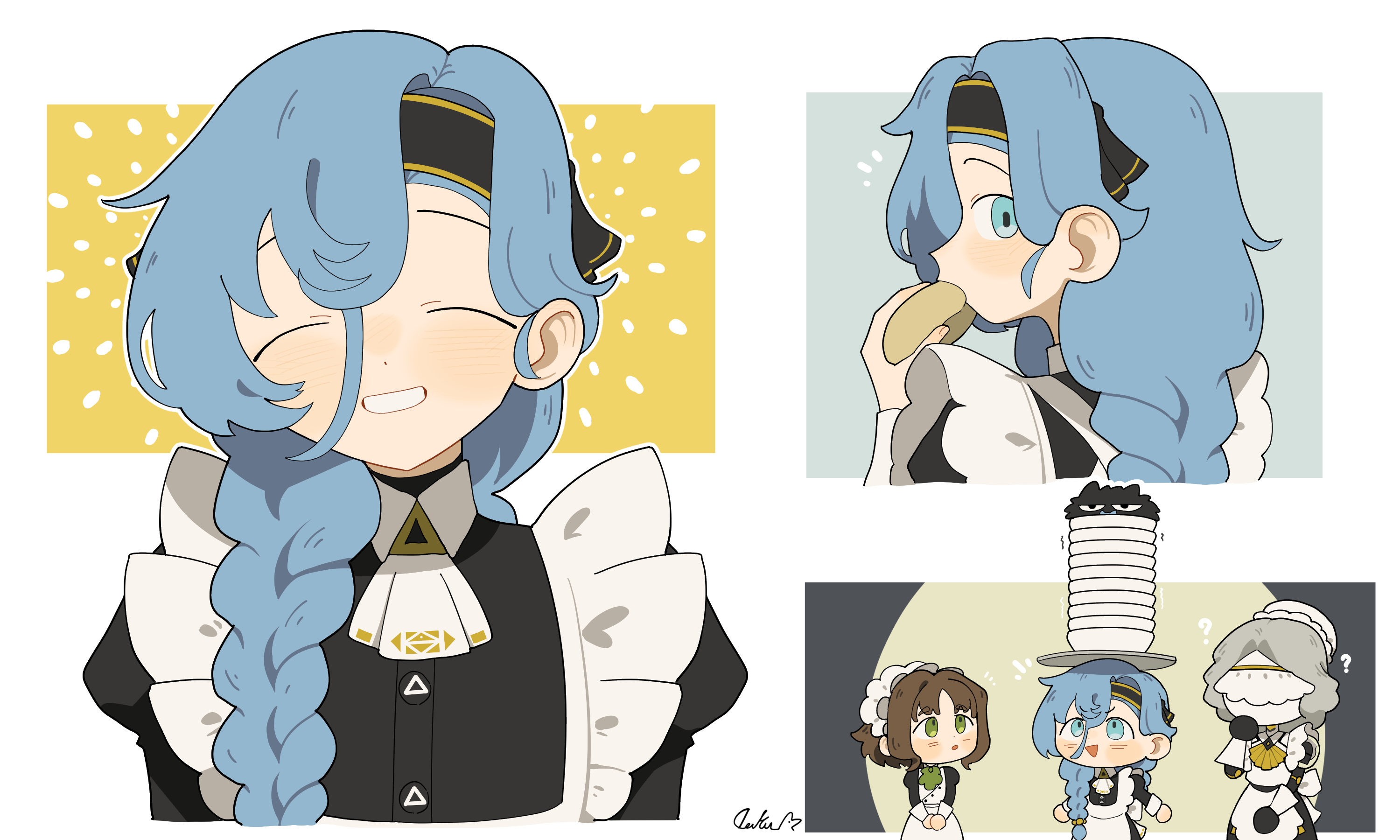 daku k, 37 (reverse:1999), carbuncle (reverse:1999), eagle (reverse:1999), lucy (reverse:1999), reverse:1999, highres, 3girls, :d, :o, ?, ^ ^, alternate costume, apron, black dress, black hairband, blue eyes, blue hair, bowl, brown hair, china dress, chinese clothes, closed eyes, creature, dress, eating, facing viewer, food, food in mouth, frilled apron, frills, green eyes, grin, hairband, hand up, holding, holding food, juliet sleeves, long braid, long sleeves, looking at viewer, looking up, maid, metal hair, multiple girls, multiple views, notice lines, object on head, open mouth, profile, puffy sleeves, robot girl, short hair, smile, teeth, tray, upper body, white apron