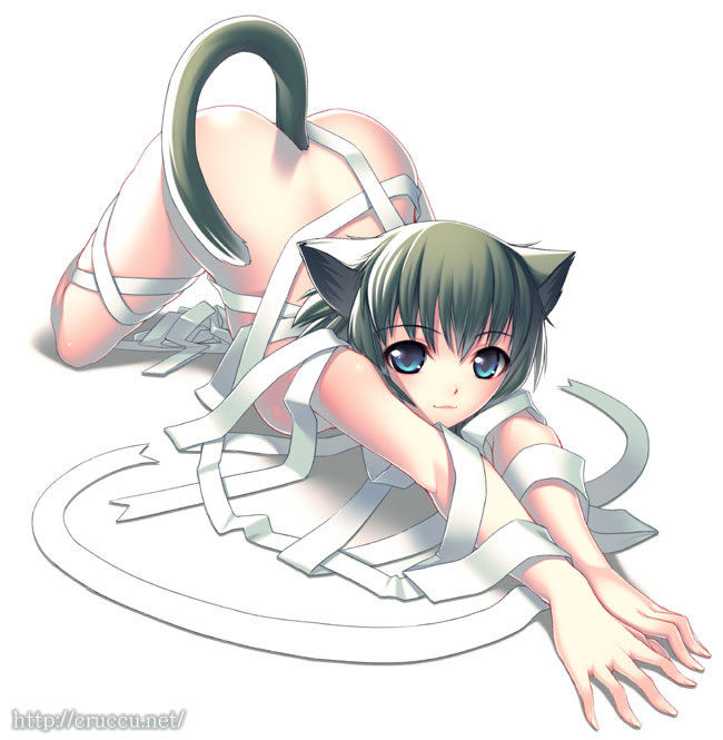 cruccu, :3, all fours, animal ears, bandages, cat ears, cat tail, nude, solo, tail