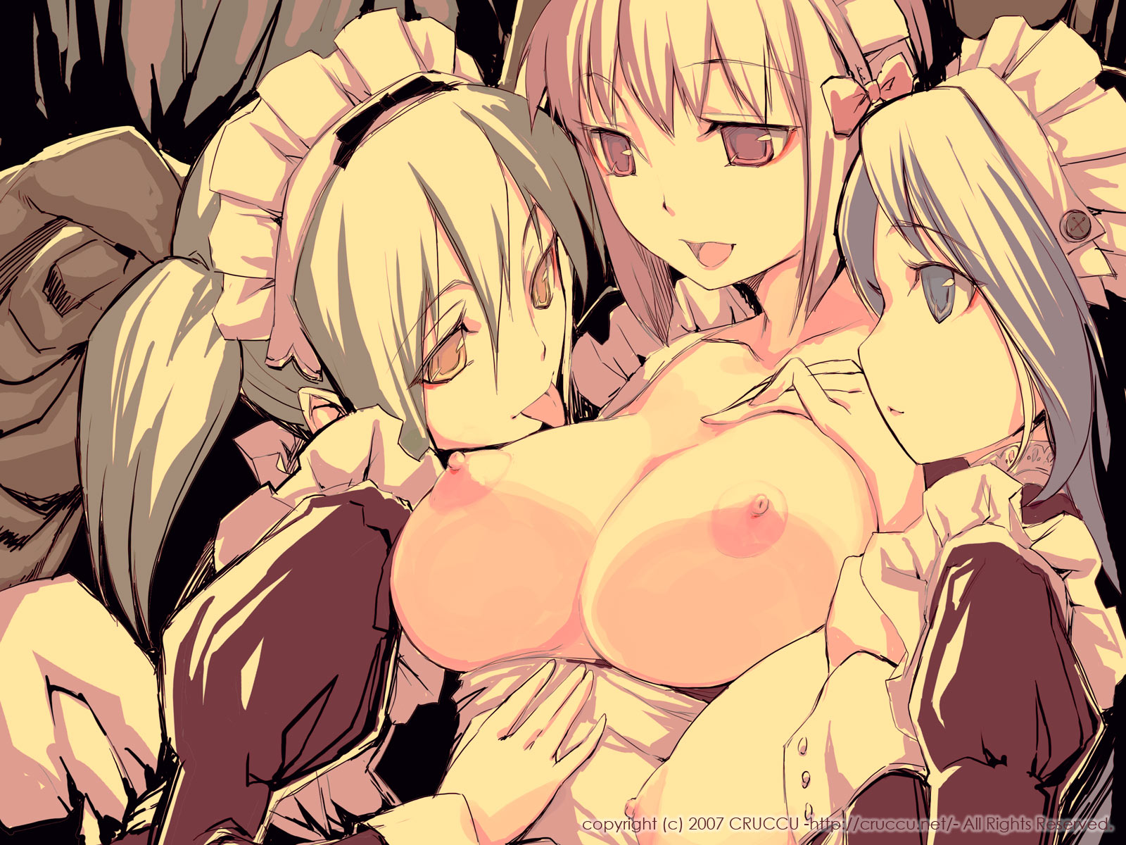 cruccu, highres, 3girls, apron, blue eyes, blue hair, bow, breasts, huge breasts, large breasts, licking, maid, maid headdress, multiple girls, nipples, open mouth, pink eyes, pink hair, short hair, short twintails, tongue, twintails, white hair, yellow eyes, yuri
