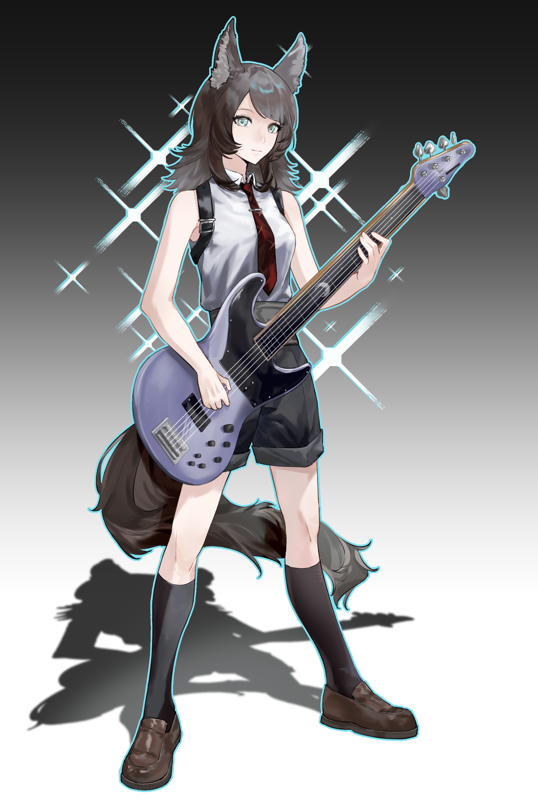 lueeeee, yahata umiri, bang dream!, bang dream! it's mygo!!!!!, absurdres, chinese commentary, commentary request, highres, 1girl, 5-string bass guitar, animal ear fluff, animal ears, bass guitar, black hair, black shorts, blue eyes, brown shoes, closed mouth, collared shirt, extended range bass guitar, full body, glint, gradient background, holding, holding bass guitar, holding instrument, instrument, kemonomimi mode, kneehighs, legs apart, loafers, looking at viewer, medium hair, necktie, outline, red necktie, shadow, shirt, shoes, shorts, socks, solo, standing, tail, white shirt, wolf ears, wolf girl, wolf tail, yahata umiri (moonlight executioner)