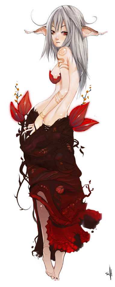shaun healey, barefoot, elf, feet, leaf, pointy ears, red eyes, solo, white hair