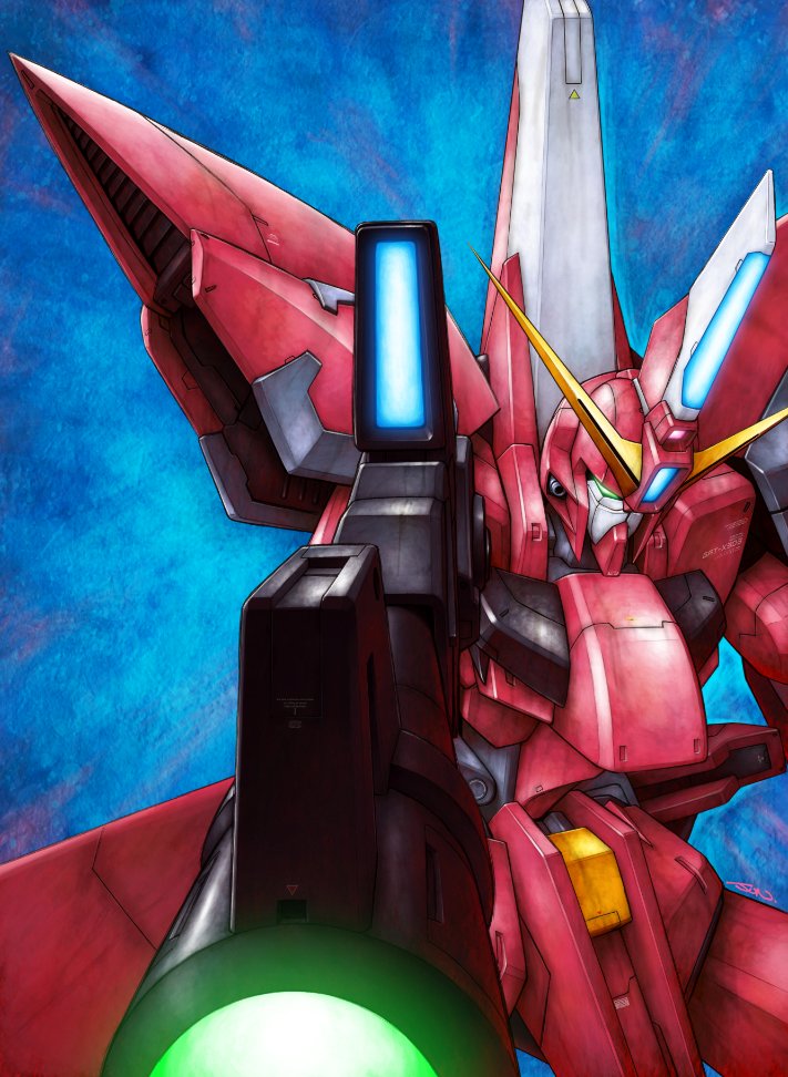 aegis gundam, gundam, gundam seed, commentary request, aiming, beam rifle, energy gun, foreshortening, green eyes, mecha, mecha focus, mobile suit, nakamura jun'ichi, no humans, robot, science fiction, signature, solo, v-fin, weapon