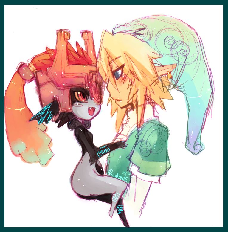 riokshte, link, midna, nintendo, the legend of zelda, the legend of zelda: twilight princess, 1boy, 1girl, blonde hair, blush, earrings, glowing, glowing tattoo, green tunic, hat, hetero, hug, jewelry, pear-shaped figure, pointy ears, smile, tattoo, tunic