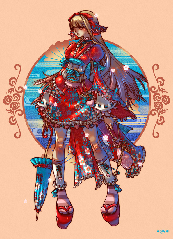 0effe0, 1girl, asa no ha (pattern), dress, egasumi, female focus, japanese clothes, long hair, retro artstyle, ribbon, shoes, solo, umbrella
