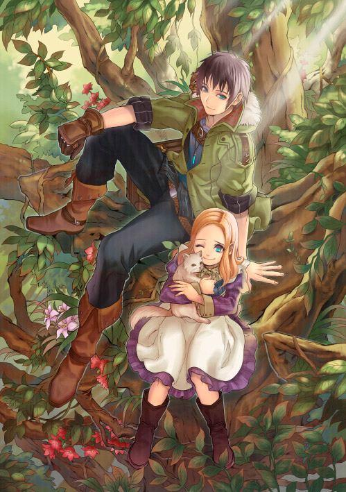 hatake michi, original, apron, blue eyes, boots, cat, dress, flower, in tree, sitting, sitting in tree, tree