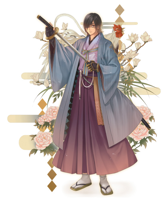 hatake michi, original, 1boy, bird, chicken, egasumi, eyepatch, flower, hakama, hakama skirt, haori, japanese clothes, katana, lining, male focus, samurai, sheath, skirt, solo, sword, tabi, unsheathing, weapon
