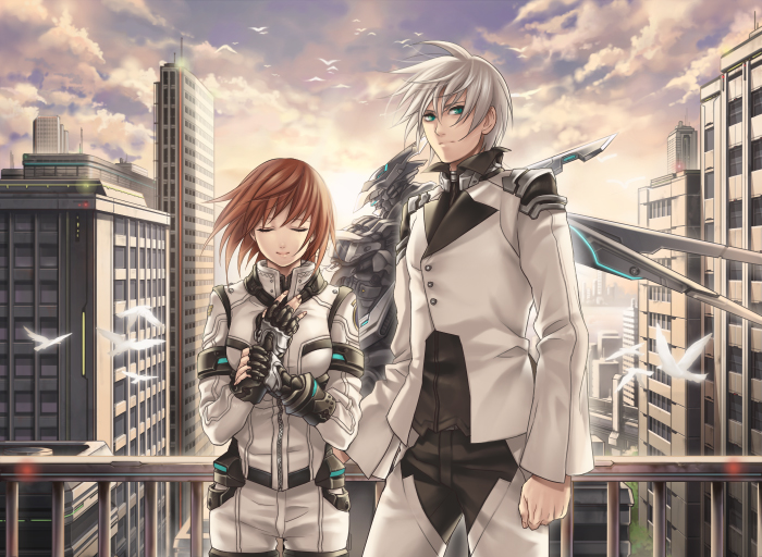hatake michi, original, commentary, bird, blonde hair, city, closed eyes, green eyes, jumpsuit, mecha, red hair, robot, rooftop, short hair, sunset