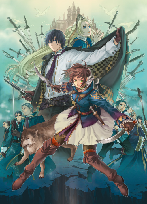 hatake michi, resolution mismatch, source larger, 3girls, 6+boys, bird, blonde hair, boots, crown, dagger, hat, knife, long hair, multiple boys, multiple girls, sword, weapon, wind, wizard, wolf