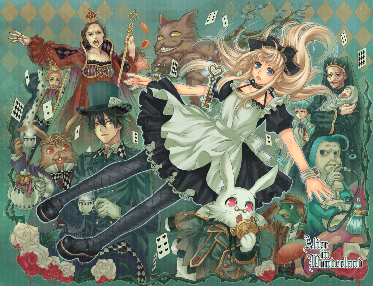 hatake michi, alice (alice in wonderland), caterpillar (alice in wonderland), cheshire cat (alice in wonderland), dormouse (wonderland), mad hatter (alice in wonderland), march hare (wonderland), queen of hearts (alice in wonderland), white rabbit (alice in wonderland), alice's adventures in wonderland, resolution mismatch, source larger, 2boys, 4girls, apron, baby, blue eyes, card, cat, caterpillar, cookie, crown, cuffs, dress, fishnet pantyhose, fishnets, floating card, flower, food, goth fashion, hat, hookah, key, king, multiple boys, multiple girls, mushroom, pantyhose, patterned legwear, pocket watch, rabbit, rose, tea, watch