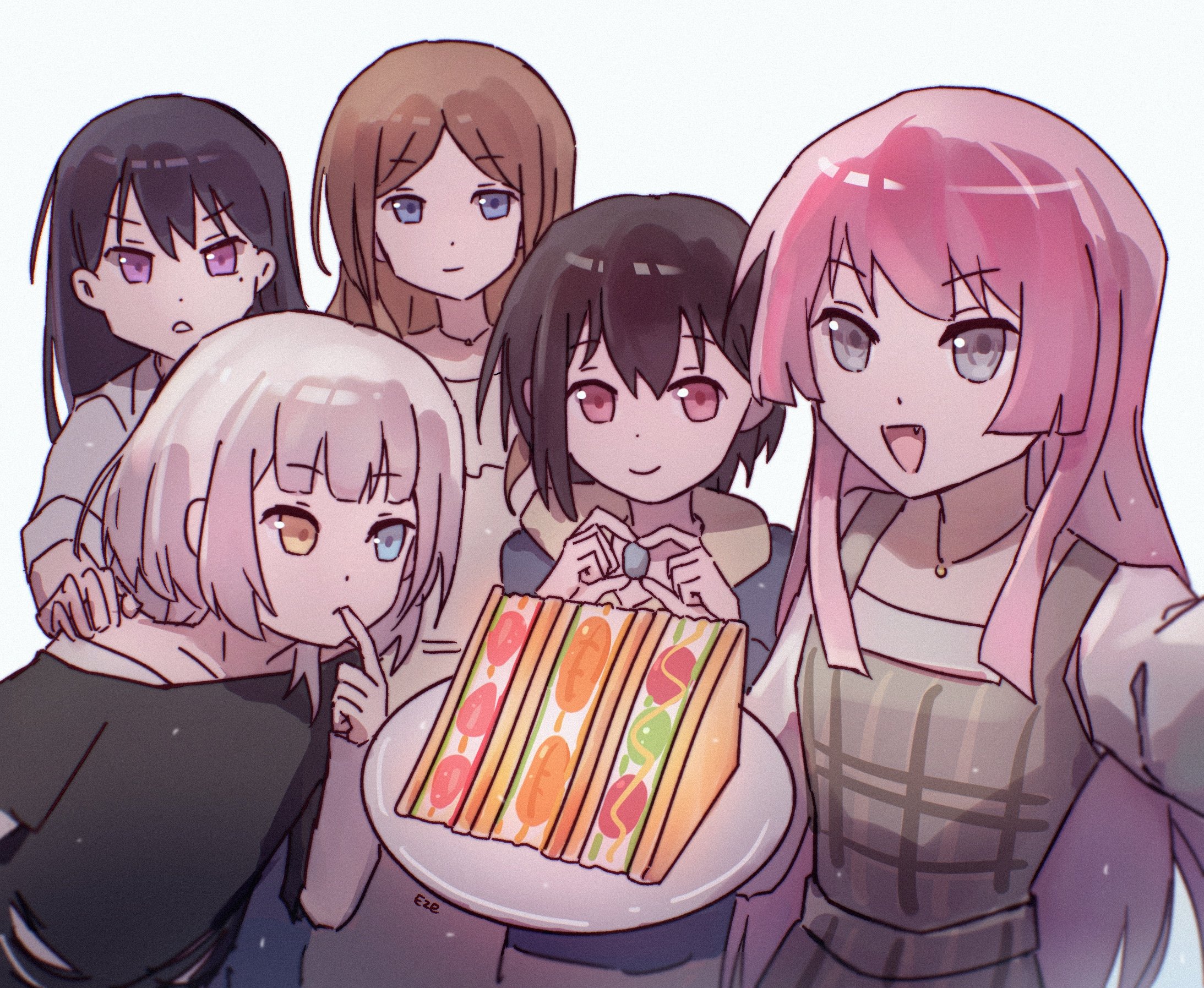 chihaya anon, kaname raana, nagasaki soyo, shiina taki, takamatsu tomori, bang dream!, bang dream! it's mygo!!!!!, highres, 5girls, black hair, blue eyes, blush, brown hair, closed mouth, eze6688z, fang, long hair, mole, mole under eye, multiple girls, mygo!!!!! (bang dream!), open mouth, pink hair, purple eyes, short hair, white hair, yellow eyes