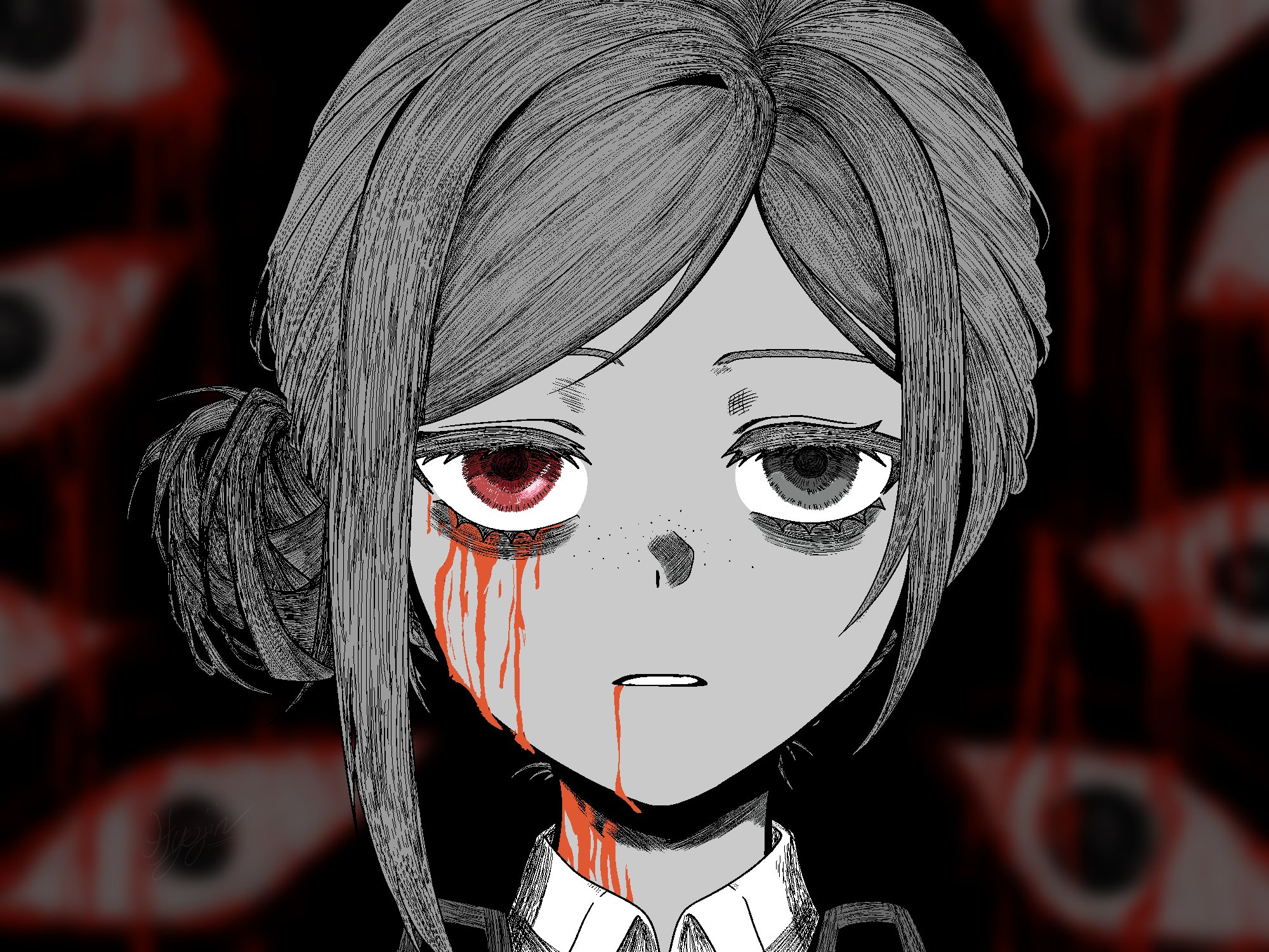 hyojin en, vertin (reverse:1999), reverse:1999, highres, 1girl, black background, blood, blood from mouth, bloody tears, blurry, blurry background, collared shirt, eyeball, freckles, greyscale, hair bun, heterochromia, looking at viewer, monochrome, parted lips, portrait, red eyes, shirt, short hair, single side bun, solo, spot color