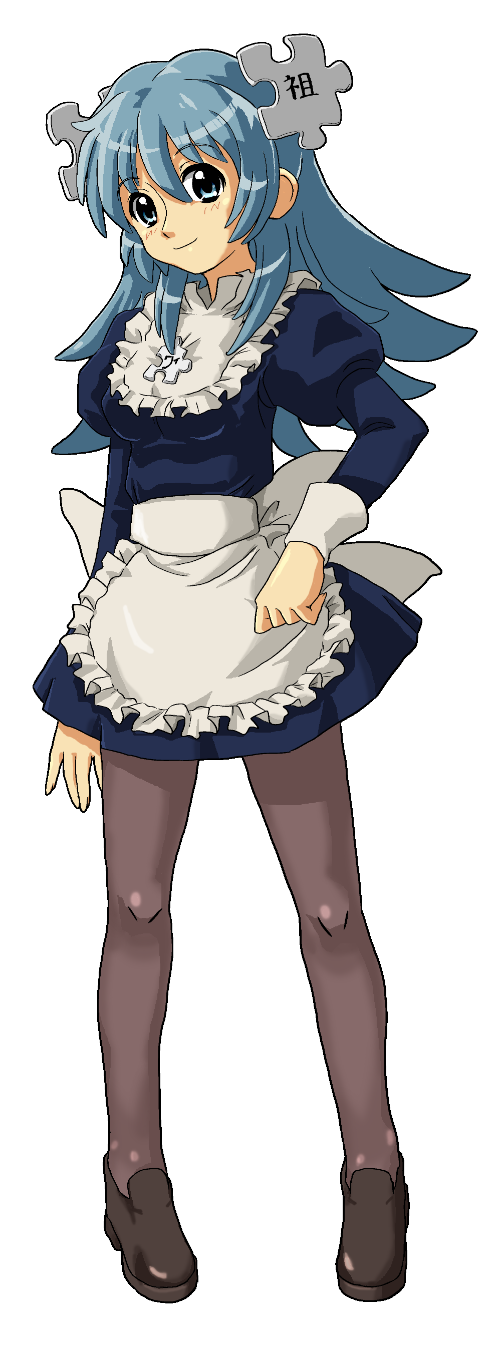 kasuga (kasuga39), wikipe-tan, os-tan, wikipedia, absurdres, highres, long image, tall image, 1girl, aged up, apron, female focus, full body, maid, matching hair/eyes, open m/, pantyhose, solo, standing, transparent background, waist apron
