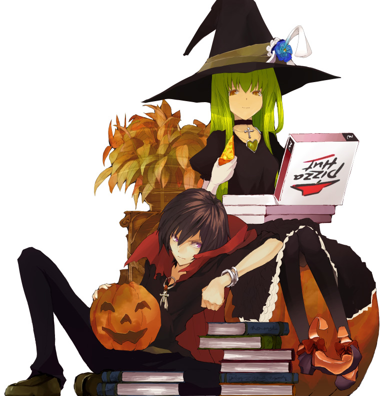 tsuki yuuhi, c.c., lelouch vi britannia, code geass, pizza hut, black legwear, 00s, black hair, bracelet, choker, cross, dress, food, gloves, green hair, halloween, hat, jack-o'-lantern, jewelry, latin cross, long hair, necklace, pants, pantyhose, pizza, product placement, pumpkin, purple eyes, witch, witch hat, yellow eyes