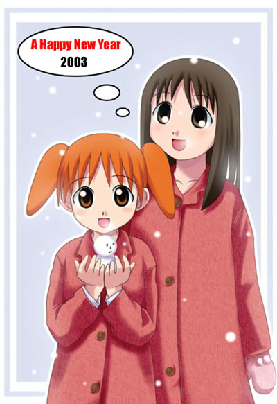 kazuboh, kasuga ayumu, mihama chiyo, azumanga daiou, 00s, 2003, 2girls, brown eyes, brown hair, child, coat, cowboy shot, facing viewer, happy, happy new year, long hair, looking at viewer, mittens, multiple girls, new year, orange hair, red hair, short hair, short twintails, simple background, smile, snow, snowing, snowman, speech bubble, thought bubble, twintails