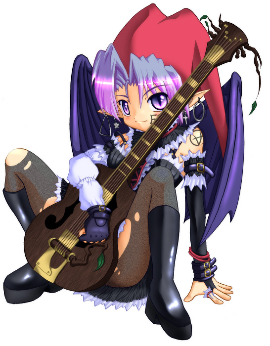 kazuboh, character request, source request, 1girl, boots, demon girl, demon wings, earrings, female focus, full body, gothic lolita, guitar, hat, instrument, jewelry, lolita fashion, pantyhose, pointy ears, purple eyes, purple hair, short hair, simple background, sitting, solo, spread legs, torn clothes, torn pantyhose, white background, wings