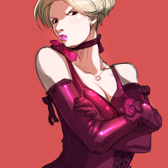 falcoon, king (snk), ryuuko no ken, snk, the king of fighters, 1girl, blonde hair, breasts, choker, cleavage, dress, earrings, elbow gloves, female focus, flower, formal clothes, gloves, jewelry, lipstick, makeup, red dress, rose, short hair, solo