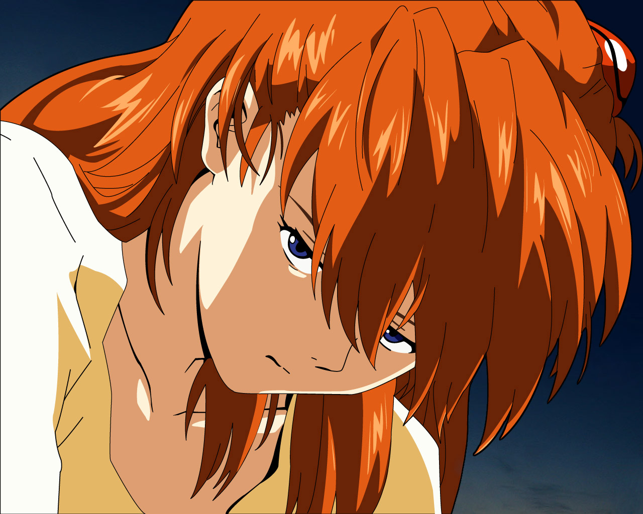 souryuu asuka langley, neon genesis evangelion, the end of evangelion, derivative work, vector trace, 1girl, angry, blue eyes, close-up, female focus, portrait, red hair, shirt, solo, yellow shirt