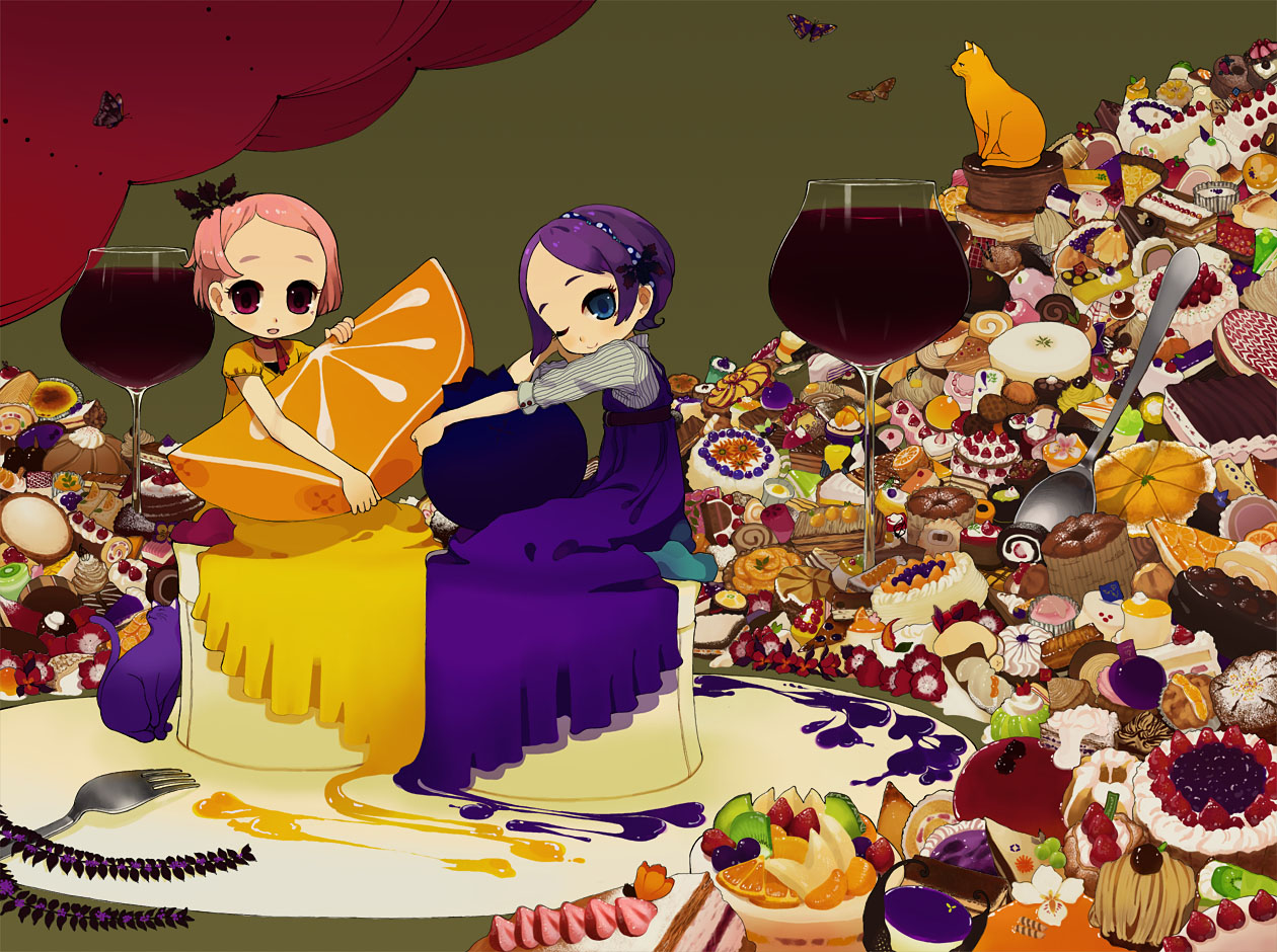ichikawa, original, 2girls, alcohol, banana, banana slice, blueberry, cake, cat, chocolate cake, cream puff, cup, drinking glass, feast, flower, food, food-themed clothes, fruit, in food, kiwi (fruit), macaron, mini person, minigirl, mont blanc (food), multiple girls, orange (fruit), pastry, pink hair, purple hair, short hair, socks, spoon, strawberry, swiss roll, wine, wine glass