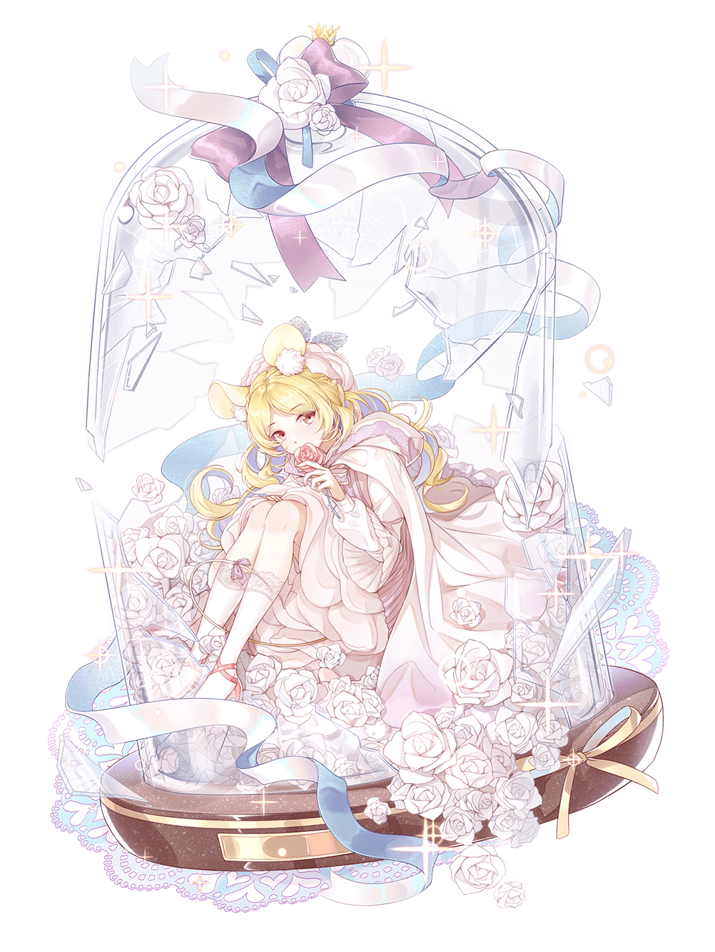 food fantasy, highres, official art, third-party source, 1girl, animal ear fluff, animal ears, blonde hair, blue hair, broken glass, cheese (food fantasy), colored inner hair, covering own mouth, dress, flower, full body, glass, gradient hair, holding, holding flower, looking at viewer, mouse ears, multicolored hair, pink dress, pink eyes, pink shoes, rose, shoes, simple background, sitting, socks, solo, transparent background, white flower, white socks