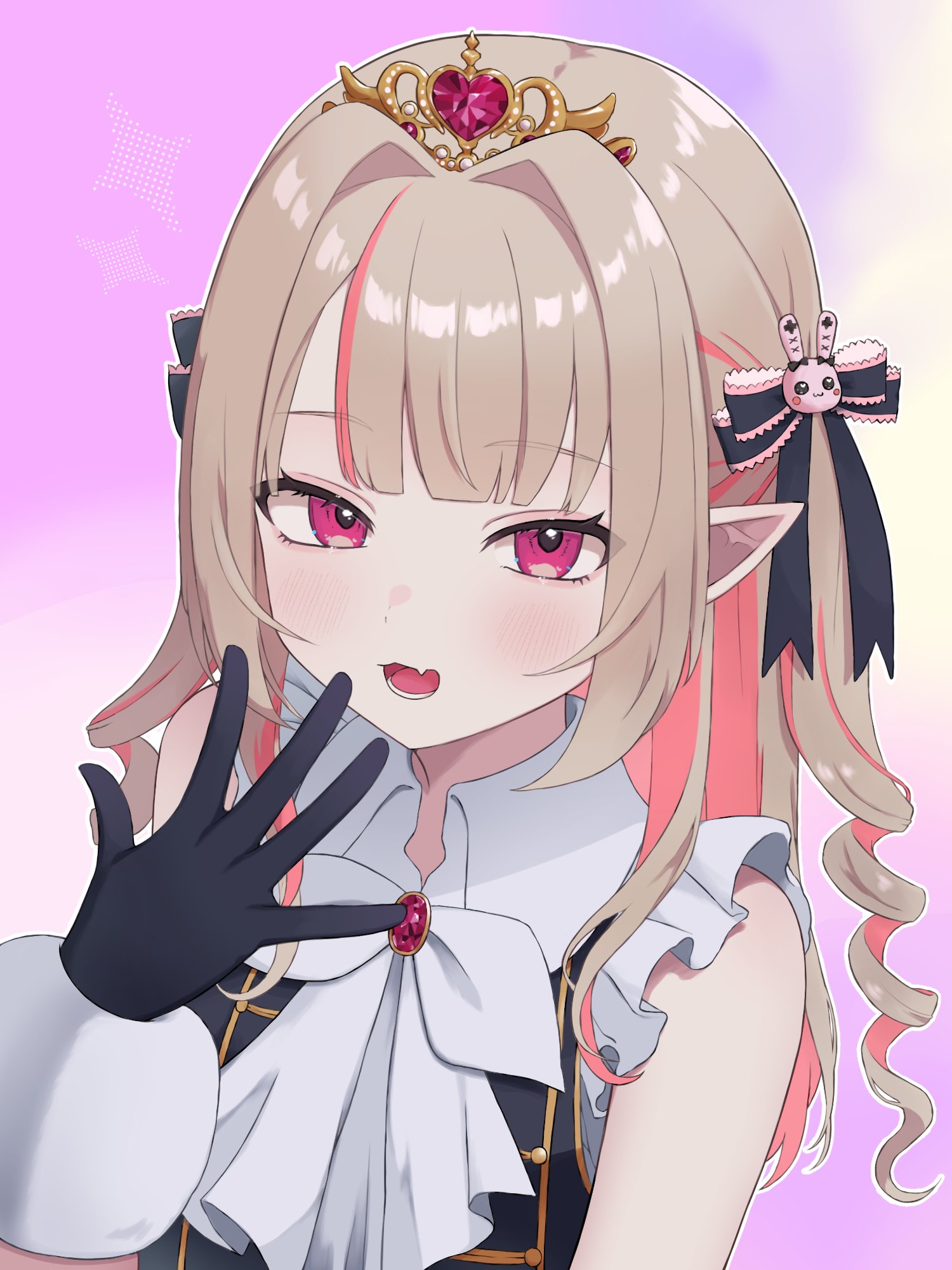 mzir yu2, makaino ririmu, nijisanji, highres, 1girl, :3, bare arms, black gloves, black ribbon, black vest, blunt bangs, blush, bow, bowtie, collared shirt, colored inner hair, drill hair, fang, frilled ribbon, frilled shirt, frilled sleeves, frills, fur-trimmed gloves, fur trim, gloves, grey hair, hair intakes, hair ornament, hair over shoulder, hair ribbon, hand to own mouth, heart, idol clothes, jewelry, long hair, looking at viewer, multicolored hair, nijisanji idol uniform, official alternate costume, outline, pink background, pink brooch, pink hair, pointy ears, portrait, rabbit hair ornament, red eyes, ribbon, shirt, sidelocks, skin fang, smile, solo, streaked hair, tiara, two side up, vest, virtual youtuber, white bow, white bowtie, white fur, white outline, white shirt