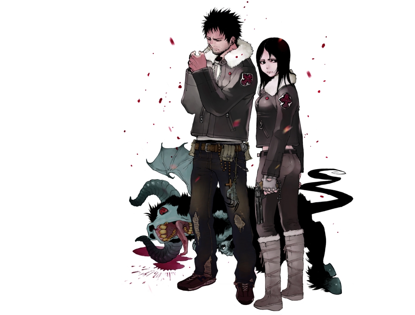 kazue kato, 1boy, 1girl, arms at sides, blood, boots, cigarette, corpse, cupping hands, denim, dragon, facial hair, finger on trigger, full body, gun, handgun, jacket, jeans, jewelry, lace-up boots, looking back, midriff peek, necklace, own hands together, pants, parted bangs, pocket, prototype design, revolver, spiked hair, standing, stubble, torn clothes, weapon