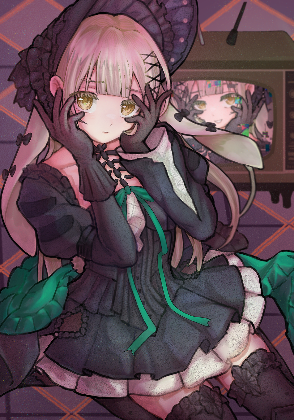 nanaura komi, mortis (bang dream!), mortis (persona) (bang dream!), wakaba mutsumi, arknights, bang dream!, bang dream! it's mygo!!!!!, chinese commentary, commentary request, highres, 1girl, animal ears, black bonnet, black dress, black gloves, black thighhighs, blunt bangs, bonnet, closed mouth, dress, expressionless, floppy ears, gloves, gothic lolita, green hair, green ribbon, hair ornament, hands on own cheeks, hands on own face, hands up, lolita fashion, long hair, long sleeves, looking at viewer, rabbit ears, rabbit girl, ribbon, sidelocks, sitting, solo, television, thighhighs, wakaba mutsumi (marionette's id), wariza, x hair ornament, yellow eyes