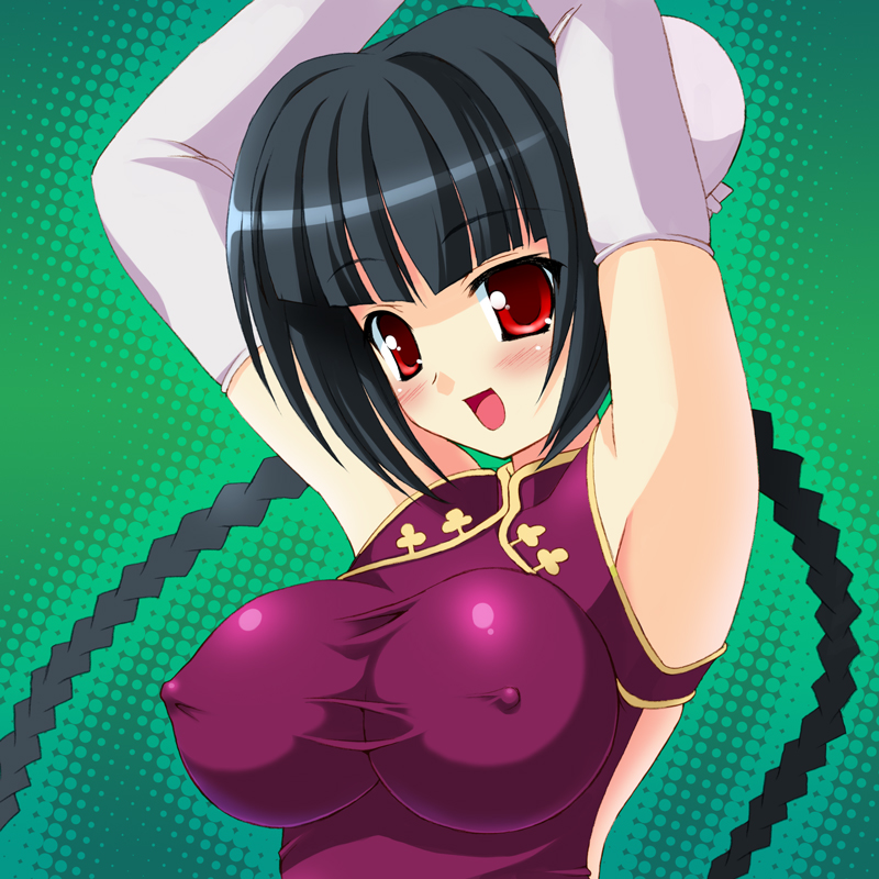 hormone koijirou, wang liu mei, gundam, gundam 00, artist request, 00s, 1girl, armpits, arms up, black hair, blush, braid, breasts, bun cover, china dress, chinese clothes, covered erect nipples, double bun, dress, elbow gloves, female focus, gloves, hair bun, halftone, halftone background, huge breasts, impossible clothes, large breasts, red eyes, solo, twin braids