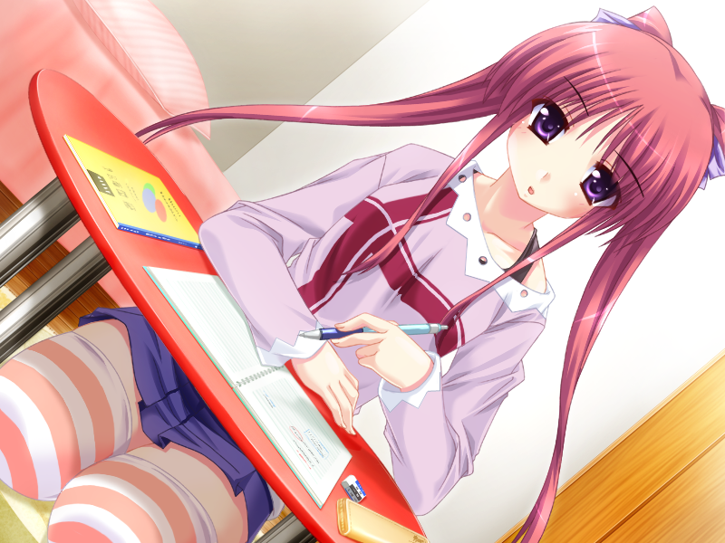 tomosato madoka, zettai imouto shijou shugi, game cg, 1girl, blush, desk, dutch angle, female focus, long hair, purple eyes, red hair, ribbon, skirt, solo, striped clothes, striped thighhighs, thighhighs, twintails