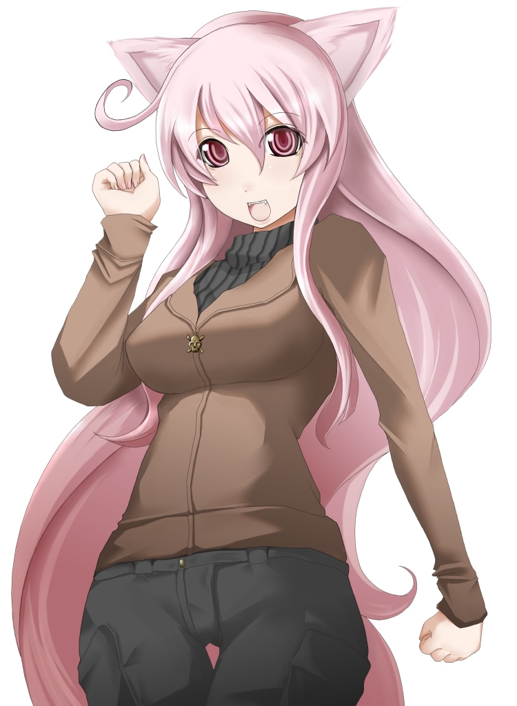 chemical-x, 1girl, animal ears, breasts, cat ears, cat girl, denim, female focus, jeans, pants, pink hair, simple background, solo, turtleneck