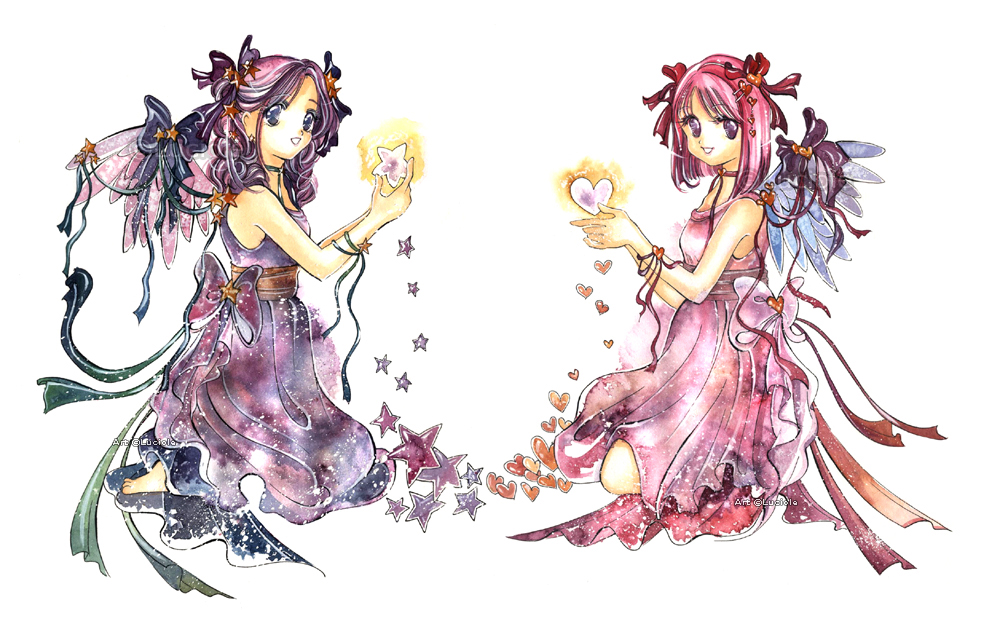 schin loong, painting (medium), traditional media, watercolor (medium), 2girls, friend, hair ribbon, heart, long hair, multiple girls, pink hair, purple eyes, purple hair, retro artstyle, ribbon, sitting, star (symbol), wings